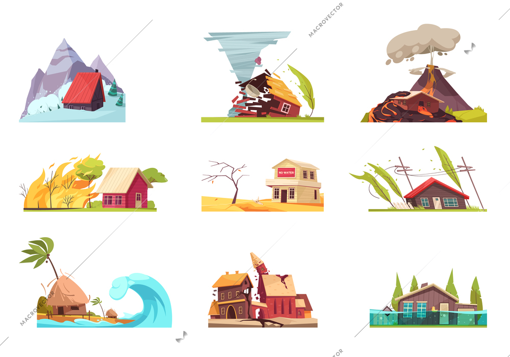 Natural disasters set of nine isolated images with outdoor compositions of living houses under different conditions vector illustration