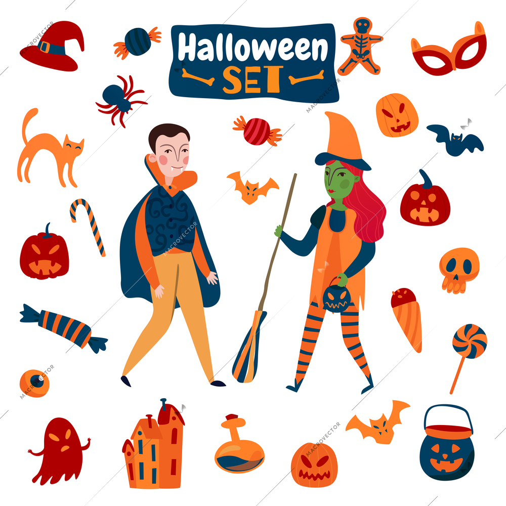 Halloween set with isolated cartoon style images of mysterious characters and holiday accessories on blank background vector illustration