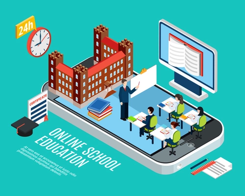 Online school education isometric concept with students at lesson computer and smartphone on blue background 3d vector illustration