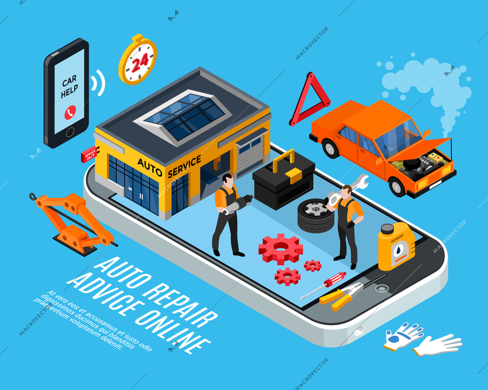 Auto repair online advice isometric concept with spare parts symbols vector illustration