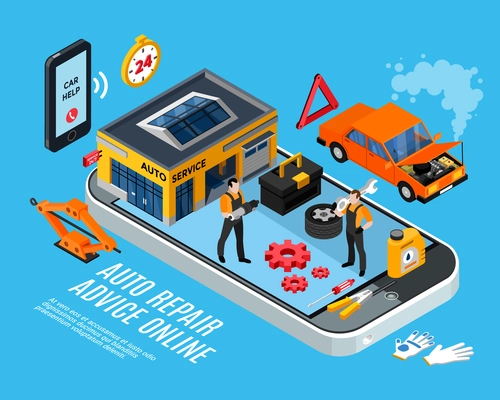 Auto repair online advice isometric concept with spare parts symbols vector illustration