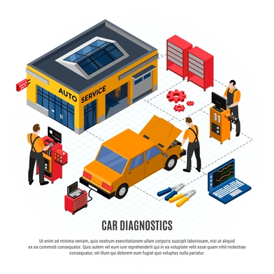 Car diagnostocs isometric concept with repair and spare parts symbols vector illustration