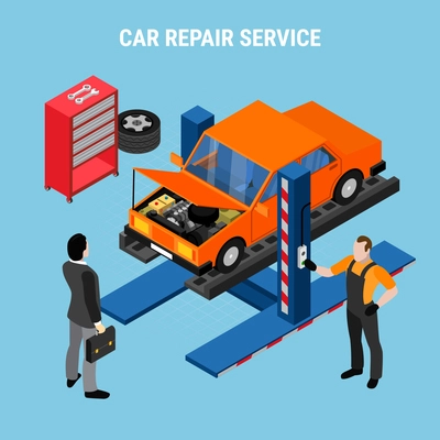 Car service isometric concept with diagnostics and tools symbols vector illustration