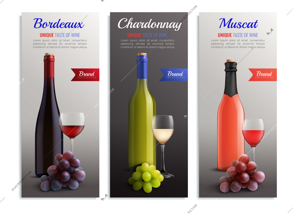 Wine realistic vertical banners with presentation of unique taste bordeaux chardonnay muscat variety of wine vector illustration