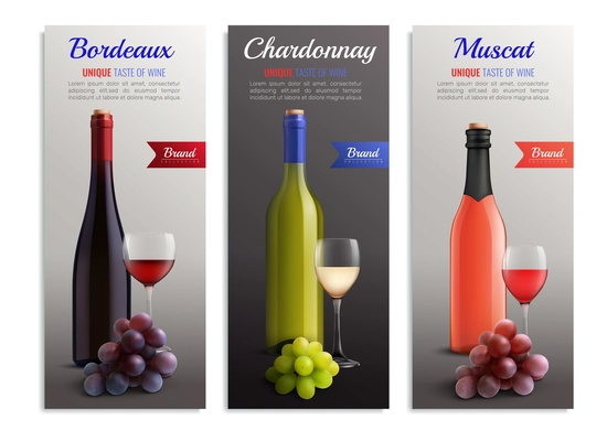 Wine realistic vertical banners with presentation of unique taste bordeaux chardonnay muscat variety of wine vector illustration