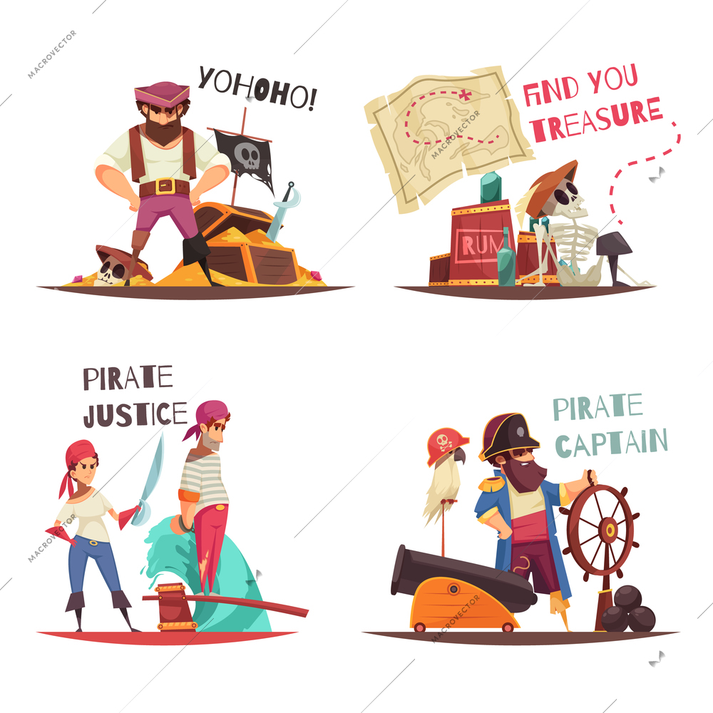 Pirate design concept with flat human characters of cartoon pirate captain and sailors with text captions vector illustration