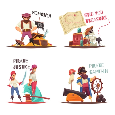 Pirate design concept with flat human characters of cartoon pirate captain and sailors with text captions vector illustration