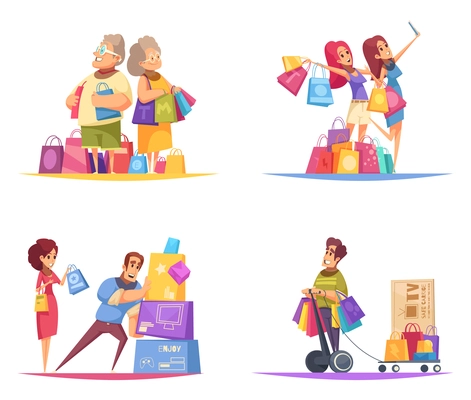 Shopaholic design concept with compositions of colourful cartoon style human characters with goods in colourful boxes vector illustration
