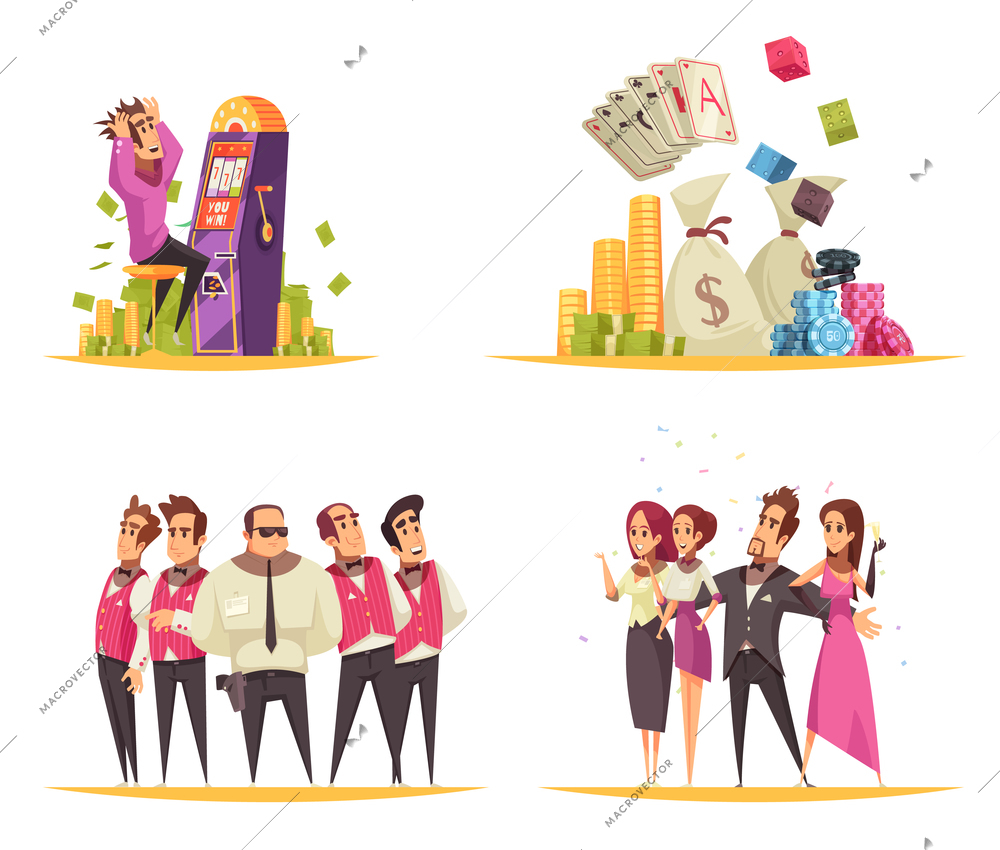 Casino design concept with cartoon style compositions of slot machines cards and coin images with people vector illustration