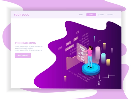 Freelance programming isometric landing page design composition with editable text and infographic images  with charts vector illustration