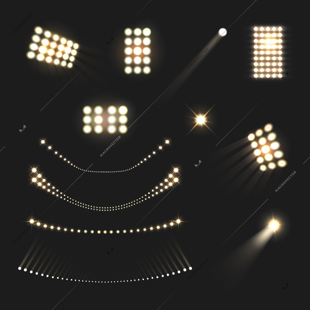 Stadium floodlights lights and lamps realistic set isolated vector illustration