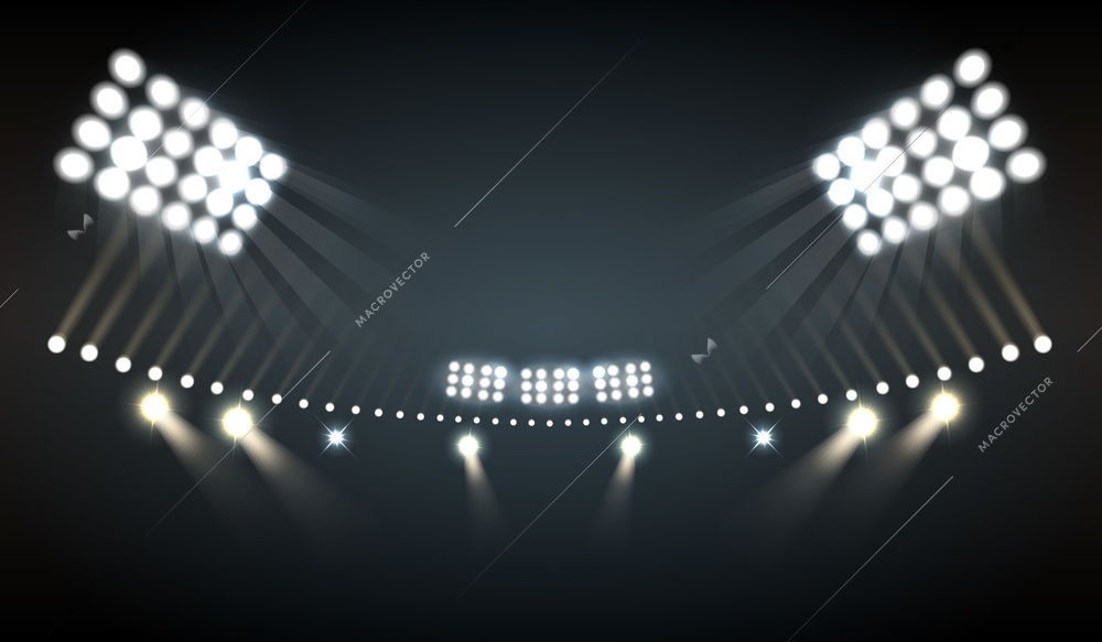 Stadium lights realistic background with sports and technology symbols vector illustration