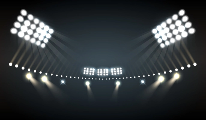 Stadium lights realistic background with sports and technology symbols vector illustration