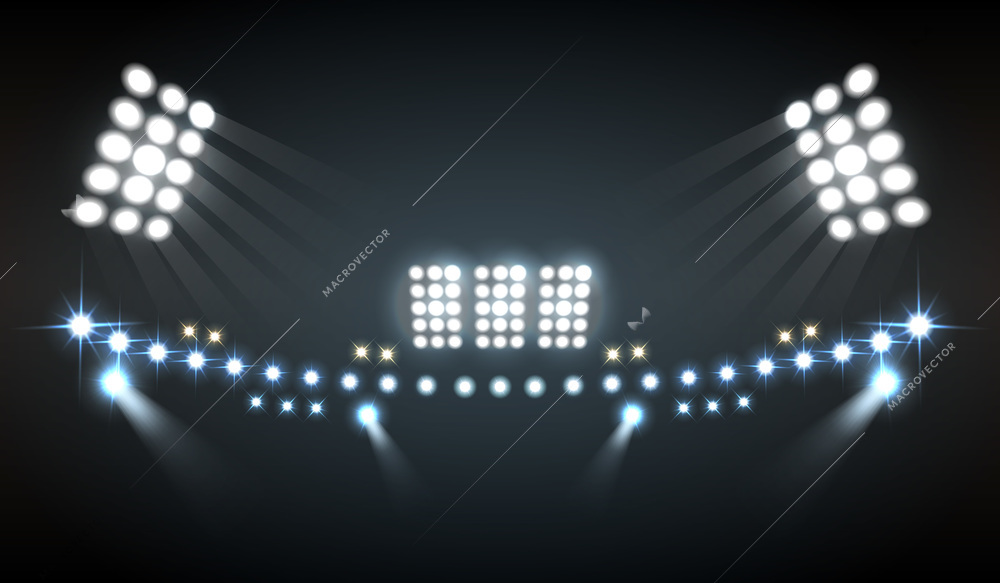 Stadium lights realistic composition with show and technology symbols vector illustration