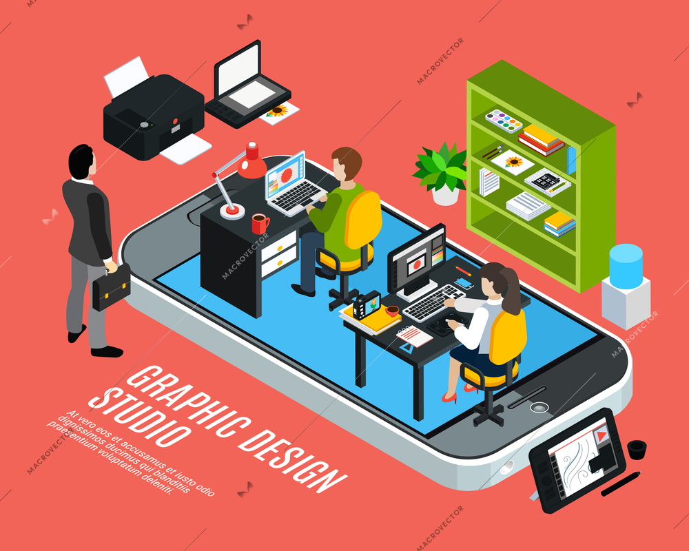 Artists working at graphic design studio isometric colorful concept 3d vector illustration