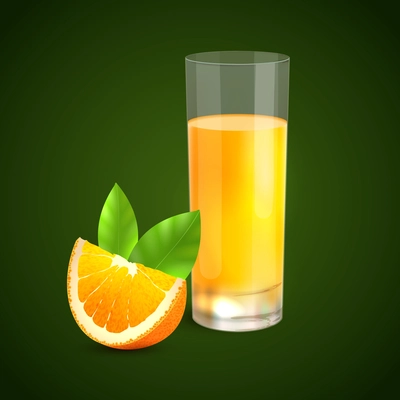 Orange juice background healthy drink in glass and citrus fruit with leaf vector illustration