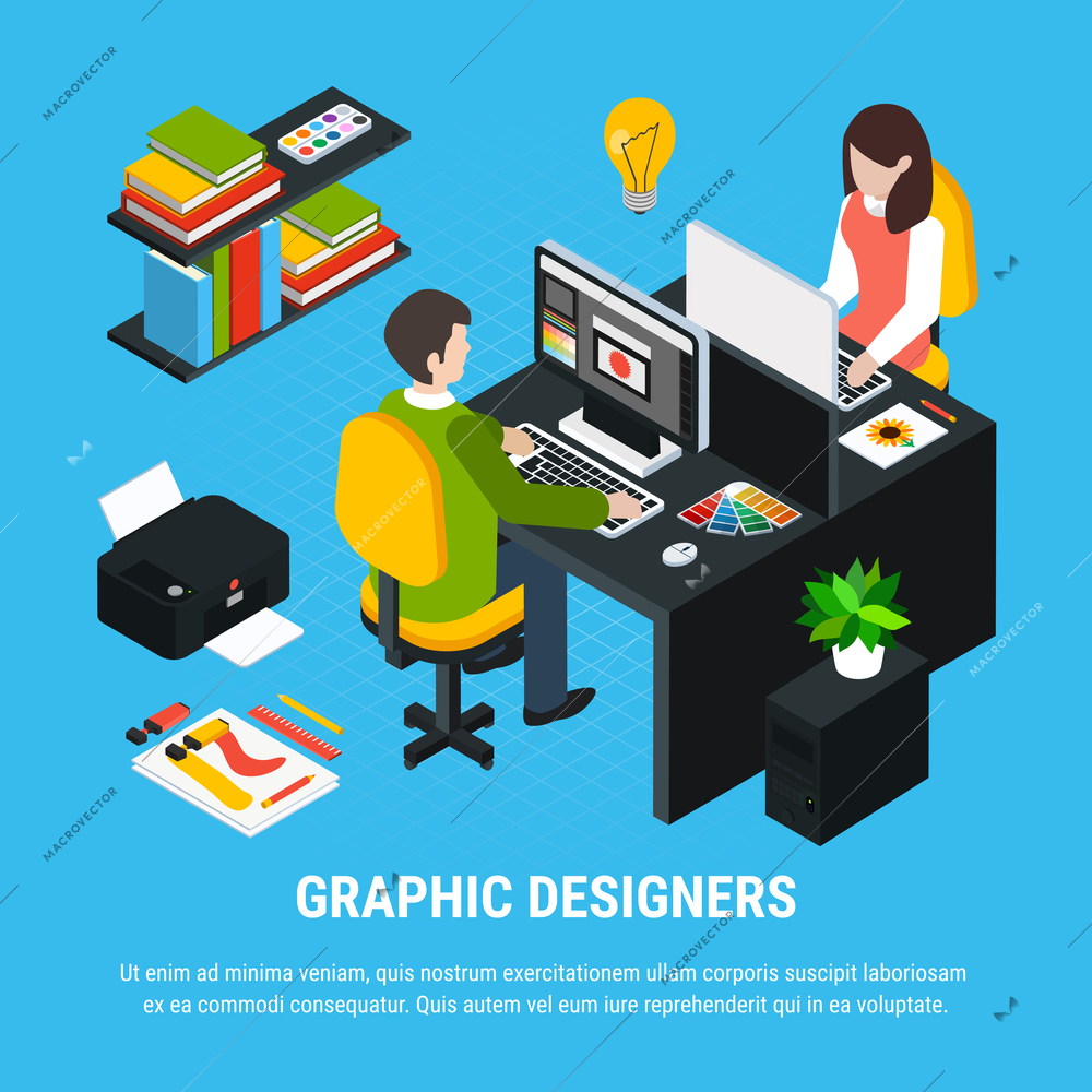 Graphic design isometric colorful concept with two artists working in office 3d vector illustration