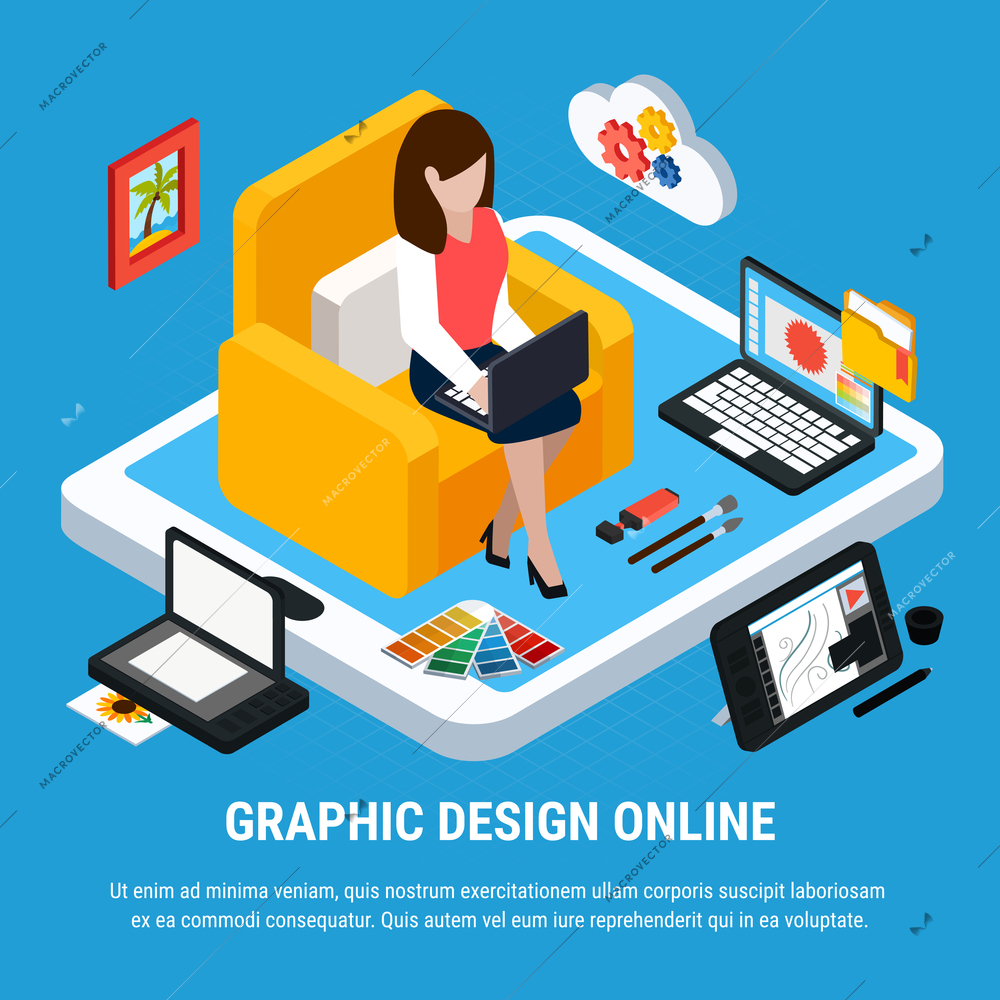 Graphic design isometric concept with woman working on computer on blue background 3d vector illustration