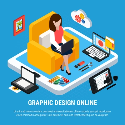 Graphic design isometric concept with woman working on computer on blue background 3d vector illustration