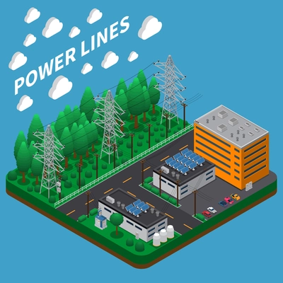 Electric power transmission isometric composition with overhead high voltage line on big tall metal towers vector illustration