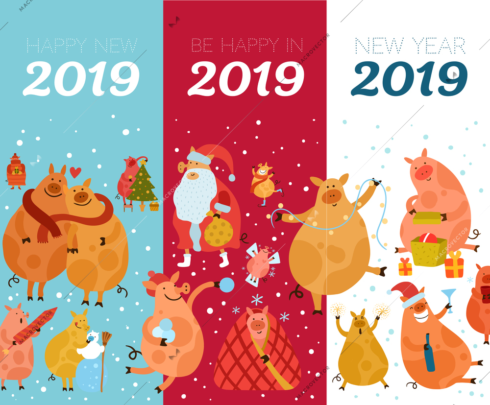 Set of flat vertical banners with piggies and new year greetings isolated on colorful background vector illustration