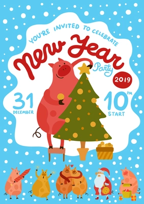 New year party poster with piggies on blue background with snow flat vector illustration