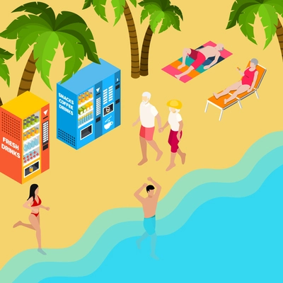 Couple of pensioners during walking near sea at beach holiday isometric vector illustration