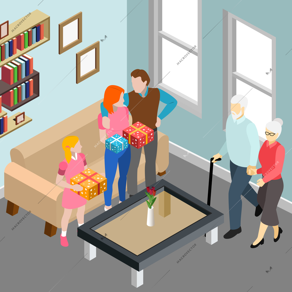 Elderly couple during family visit to children and grand daughter in home interior isometric vector illustration