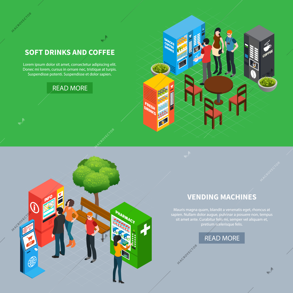 People using various vending machines and terminals horizontal isometric banners set 3d isolated vector illustration