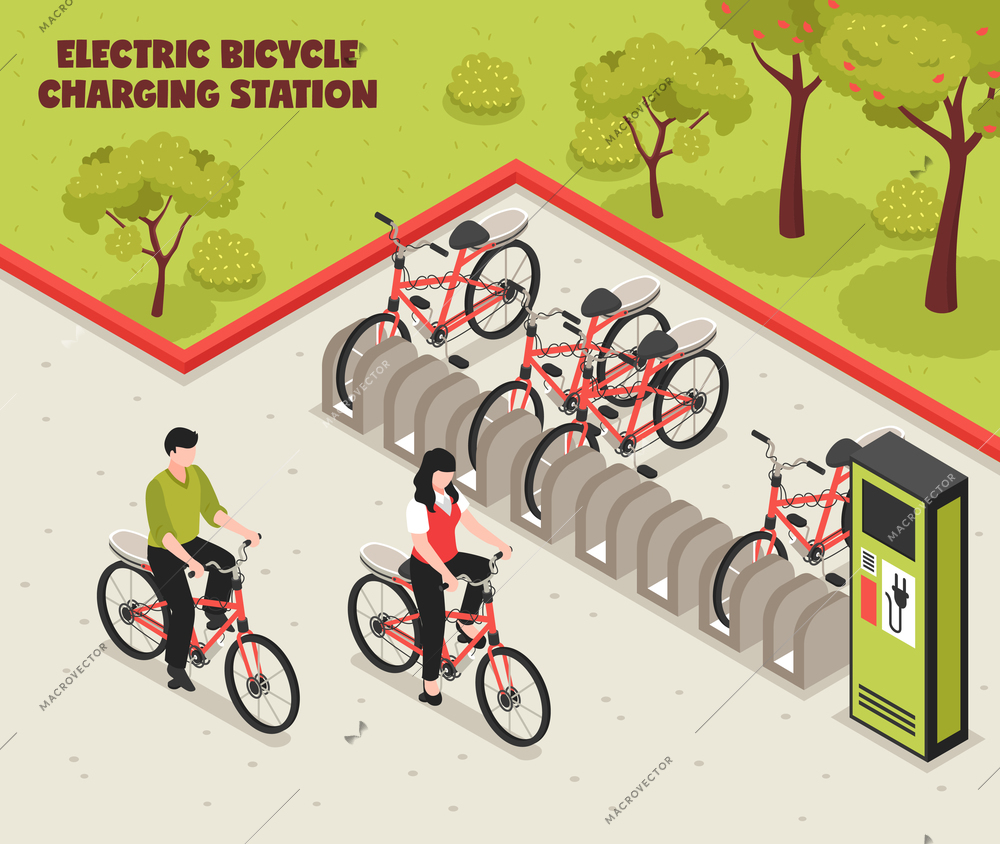 Eco transport isometric poster illustrated electric bicycle charging station with bikes standing on parking for vector illustration