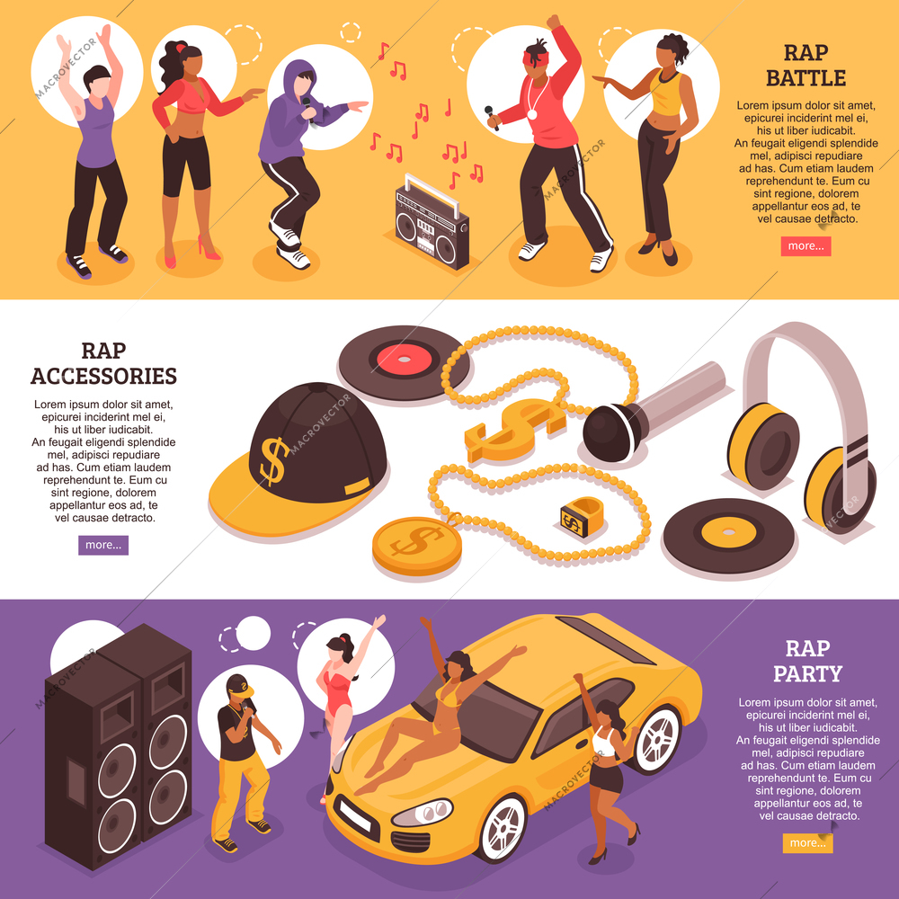 Rap music horizontal banners with teens participating in rap battle and rap party isometric vector illustration