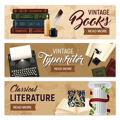 Set of horizontal banners realistic vintage books and typewriter classical literature on beige background isolated vector illustration