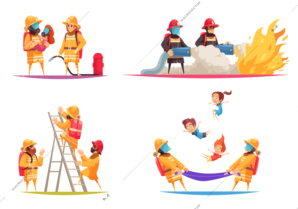 Firefighter design concept with flat compositions of fire situations with firemen crew with equipment and uniform vector illustration