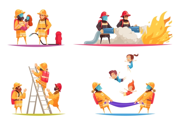 Firefighter design concept with flat compositions of fire situations with firemen crew with equipment and uniform vector illustration