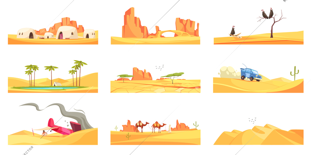 Desert set of nine isolated landscape compositions with flat images of trees canyons and living houses vector illustration