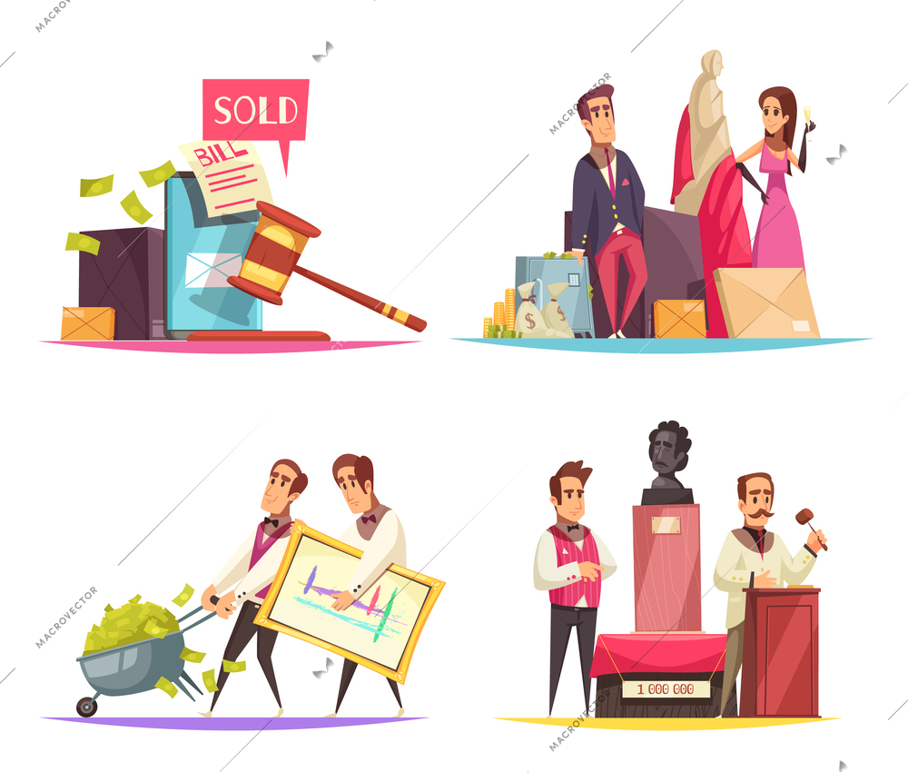 Auction design concept with flat doodle style human characters trading and buying items by auction vector illustration