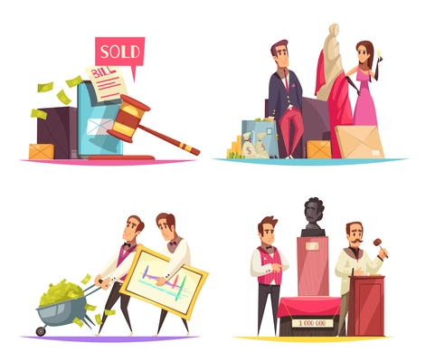 Auction design concept with flat doodle style human characters trading and buying items by auction vector illustration