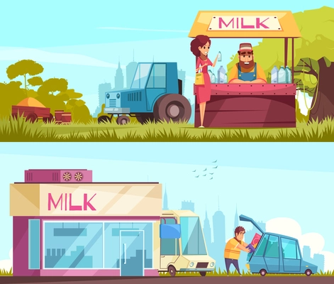 Milk production collection of two horizontal banners with outdoor compositions of urban and suburban milk trade booth vector illustration