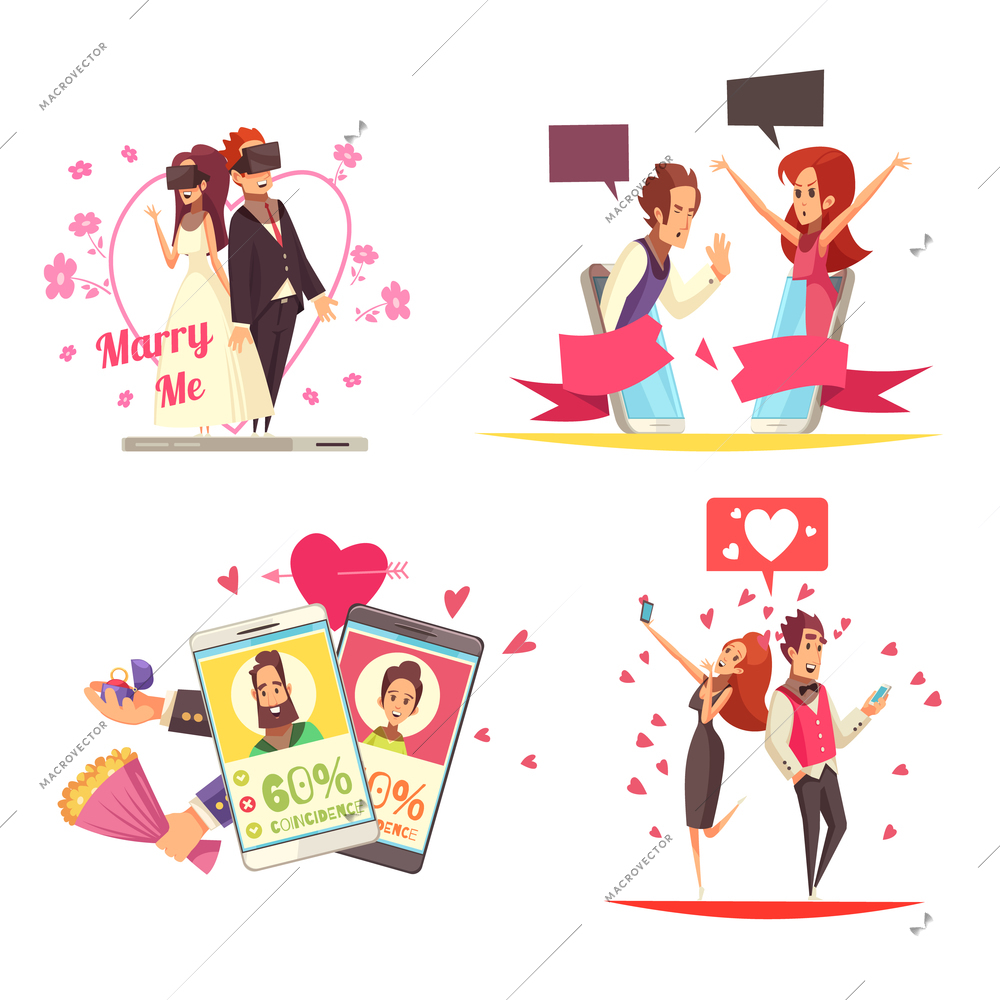 Virtual and real love design concept with compositions of online dating apps pictograms and people in love vector illustration