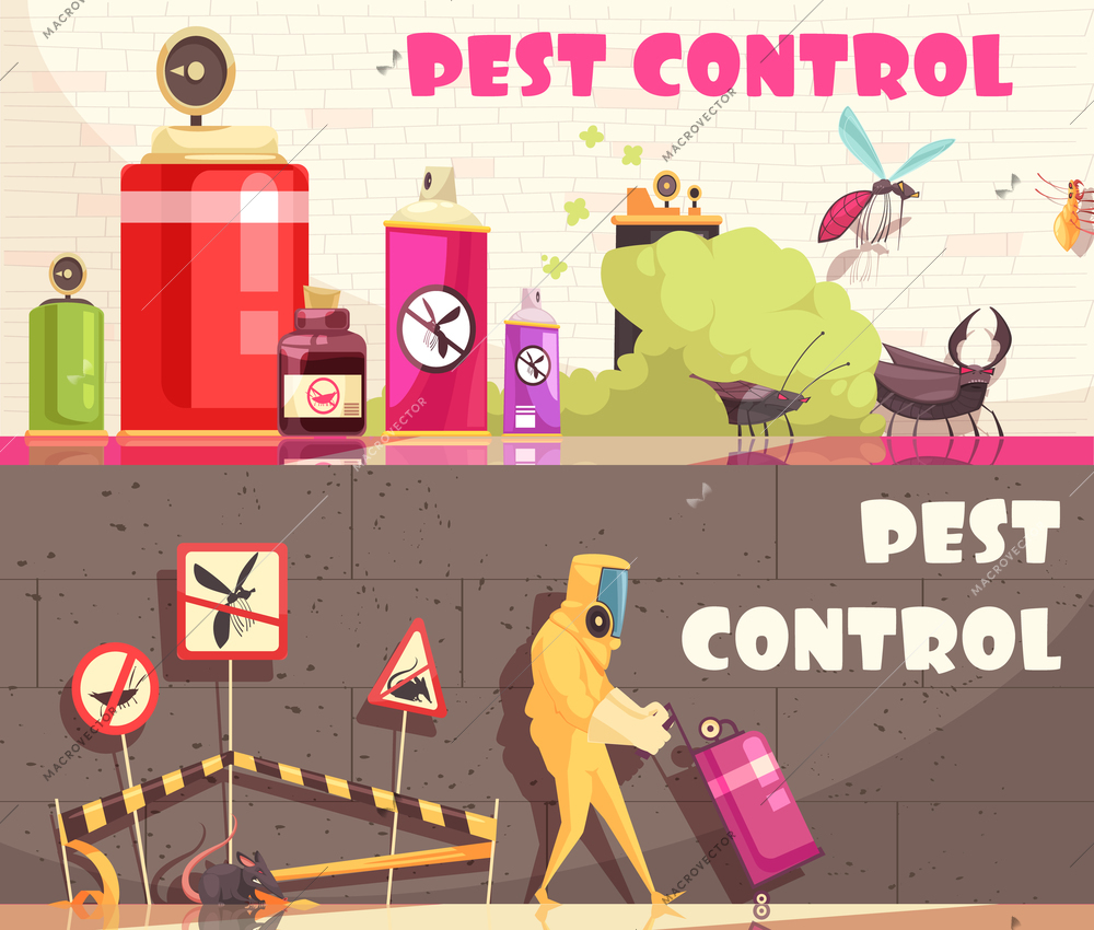 Pest control banners set of two horizontal banners with flat images of decontamination equipment and facilities vector illustration