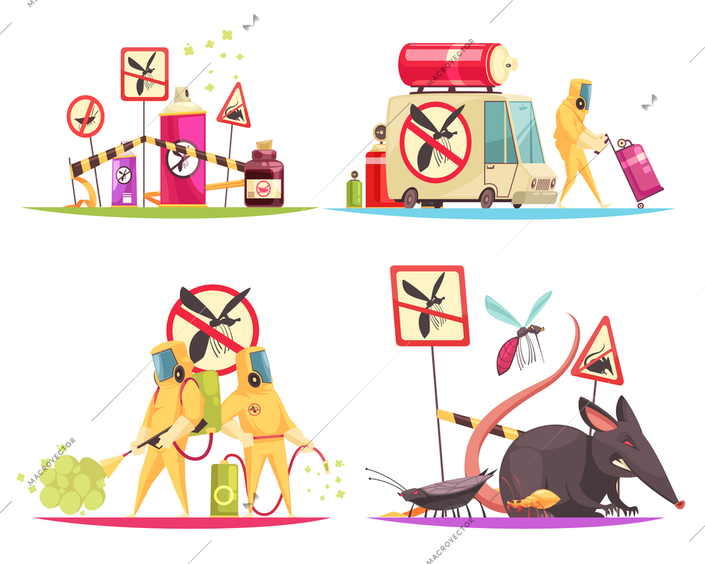Pest control design concept with flat doodle style images of disinfectors fighting pests with decontamination facilities vector illustration
