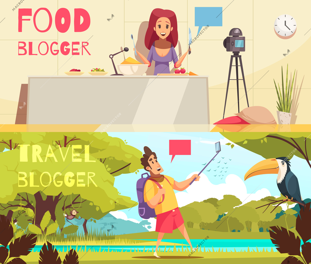 Set of two horizontal banners with blogging images editable text and cartoon style flat human characters vector illustration