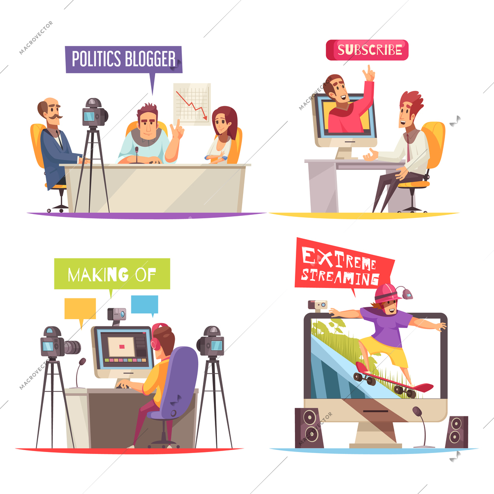 Blogger design concept with compositions of blogger human characters recording broadcasts on various subjects with text vector illustration