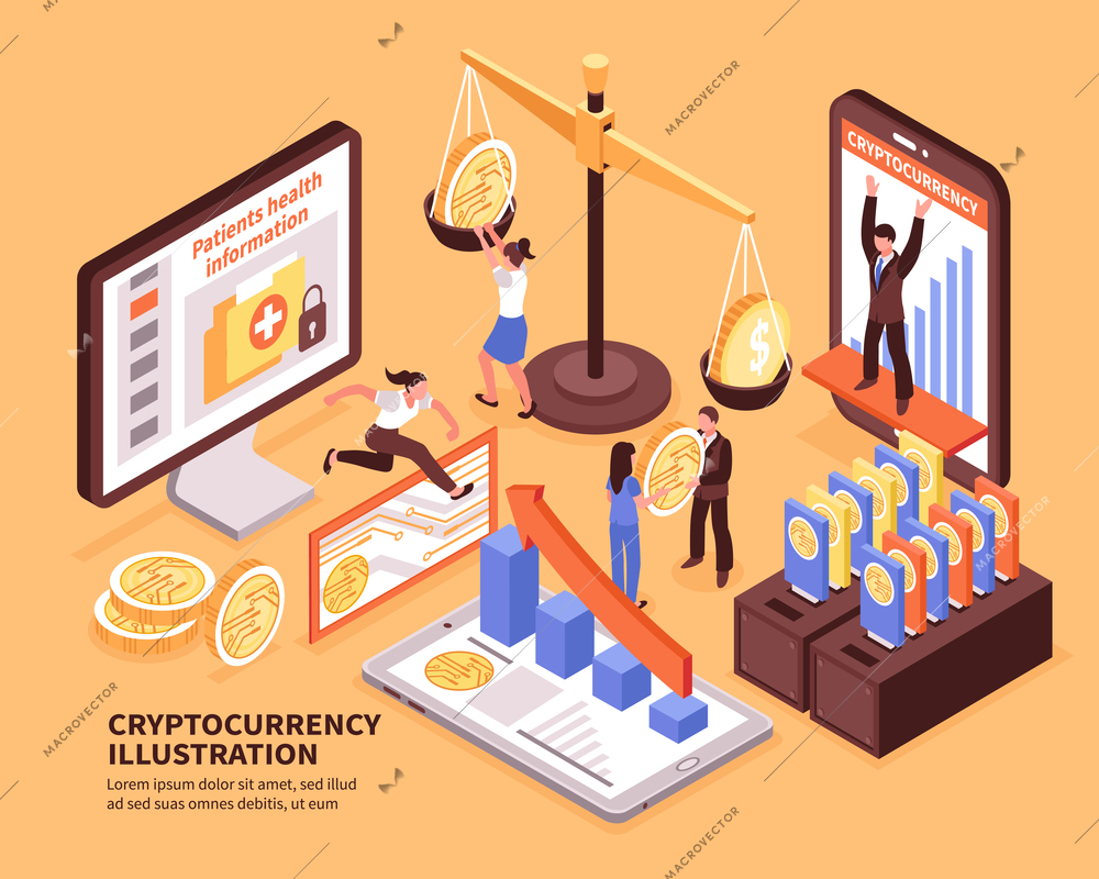 Colorful isometric cryptocurrency bitcoin growth concept 3d horizontal vector illustration