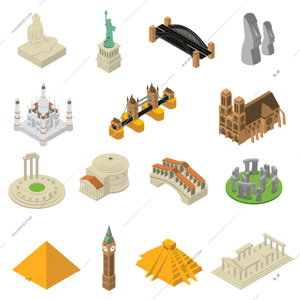World most famous landmarks isometric icons collection with egyptian pyramids and american liberty statue isolated vector illustration