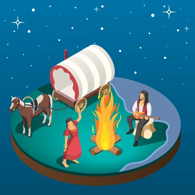 Gypsy overnight stay composition with gypsies dancing around campfire near horse harnessed to wagon isometric vector illustration