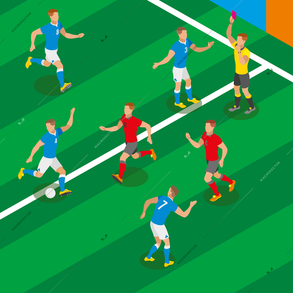 Football match isometric composition with players in form of competing teams and referee showing red card vector illustration