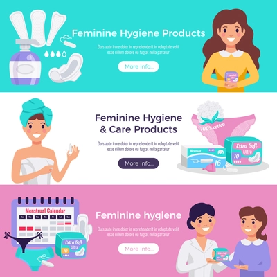 Feminine hygiene and care products 3 flat horizontal website banners with tampons pads medical advice vector illustration