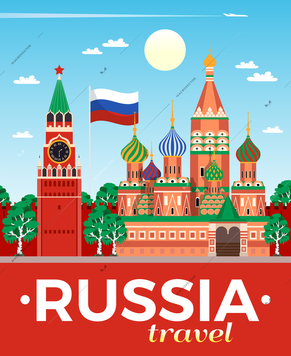 Russia travel agency advertising flat composition poster with national flag kremlin saint basils cathedral moscow vector illustration