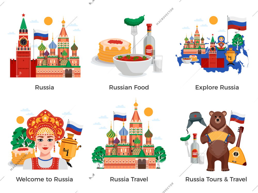 Russia travel tours attractions culture landmarks 6 flat compositions set with traditional food symbols landmarks vector illustration